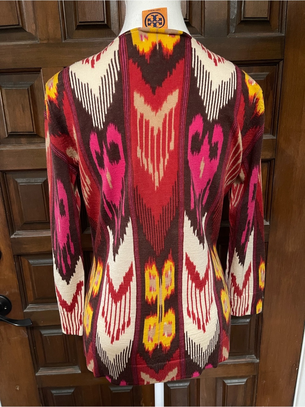Tory Burch Multicolor V-Neck Patterned Sweater - Burgundy, Pink, Yellow, Cream - Picture 2 of 12